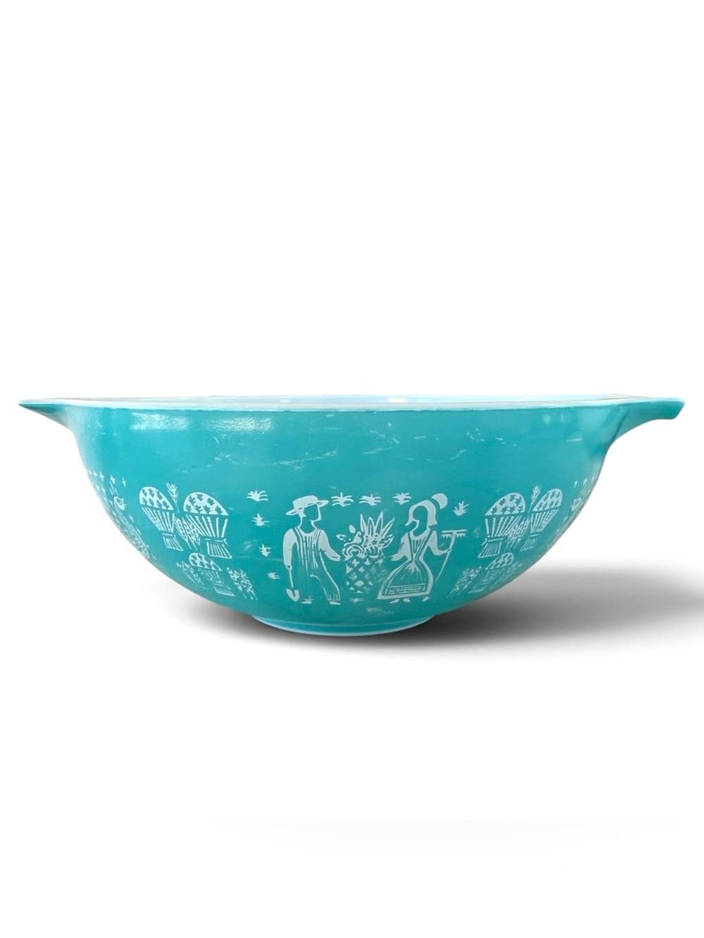 Pyrex 4 qt. Amish Butterprint Cinderella Mixing Bowl, Turquoise/White Model 444